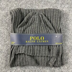 Polo Ralph Lauren Hat Scarf Set Mens OS Gray Ribbed Knit Beanie Winter PP0079